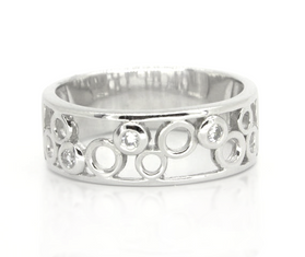 Sterling silver bubble ring with circular cutout design and clear gemstone accents