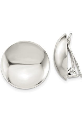 Polished round sterling silver button clip earrings, hinged non-pierced backs
