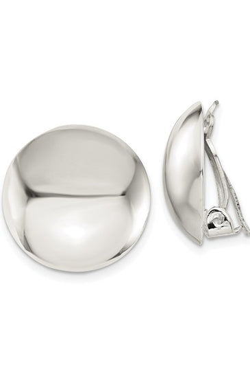Polished round sterling silver button clip earrings, hinged non-pierced backs