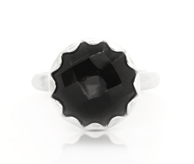 Sterling silver ring with black zircon centerpiece, scalloped bezel
