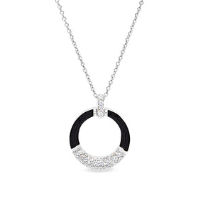 Sterling silver pendant with black enamel circular ring and pavé halo on chain