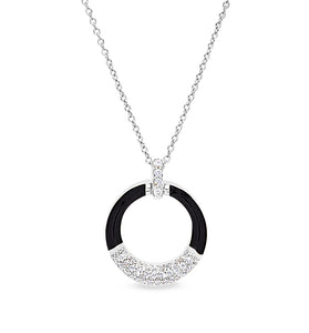 Sterling silver pendant with black enamel circular ring and pavé halo on chain