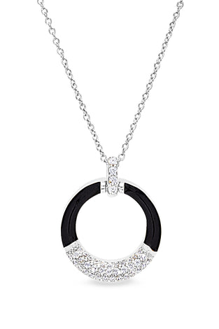 Sterling silver pendant with black enamel circular ring and pavé halo on chain