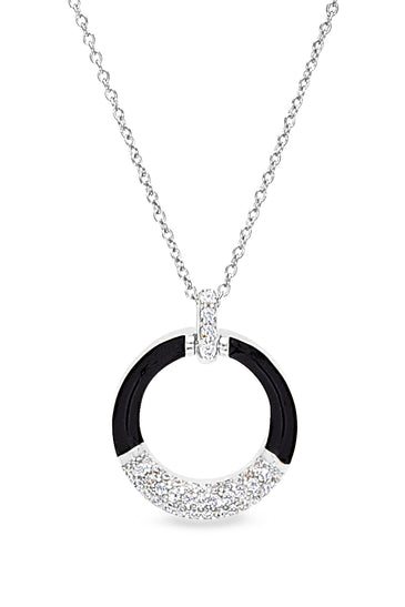 Sterling silver pendant with black enamel circular ring and pavé halo on chain