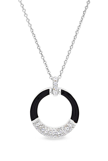 Sterling silver pendant with black enamel circular ring and pavé halo on chain
