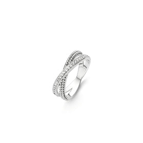 Sterling silver criss-cross ring with pavé stone accents