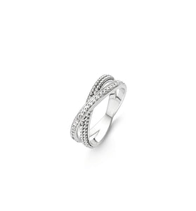 Sterling silver criss-cross ring with pavé stone accents