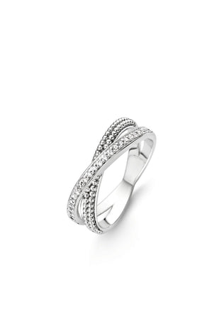 Sterling silver criss-cross ring with pavé stone accents