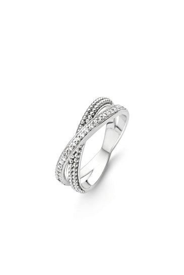 Sterling silver criss-cross ring with pavé stone accents