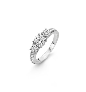 Sterling silver CZ cluster band ring with round stones, curved profile
