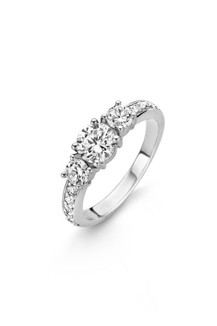 Sterling silver CZ cluster band ring with round stones, curved profile