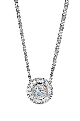 Sterling silver CZ halo pendant necklace with round center stone and halo