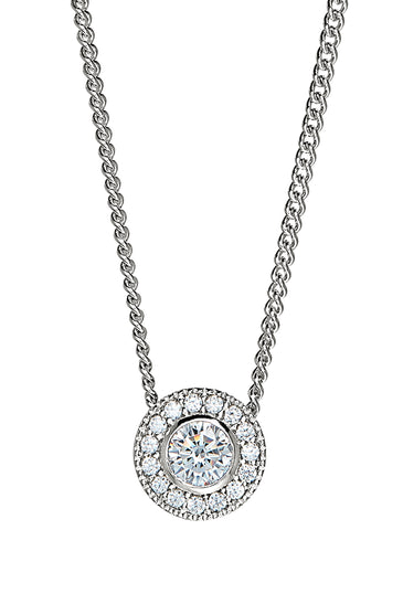 Sterling silver CZ halo pendant necklace with round center stone and halo