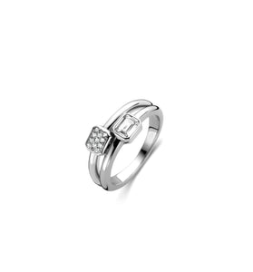 Sterling silver double bezel ring with square clear stone and textured pavé band