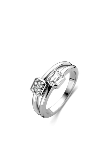Sterling silver double bezel ring with square clear stone and textured pavé band