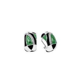 Sterling silver hoop earrings with green enamel and clear accents