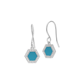 Sterling silver hexagon turquoise enamel drop earrings with jeweled border