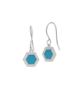 Sterling silver hexagon turquoise enamel drop earrings with jeweled border