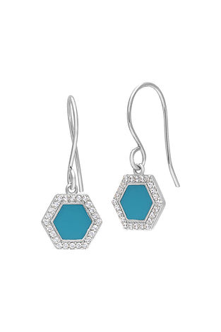Sterling silver hexagon turquoise enamel drop earrings with jeweled border