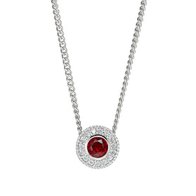Sterling silver garnet halo pendant with red round center and prong-set crystals