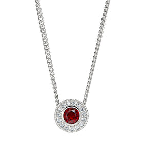 Sterling silver garnet halo pendant with red round center and prong-set crystals
