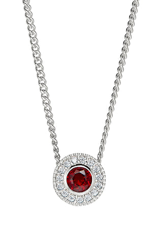 Sterling silver garnet halo pendant with red round center and prong-set crystals