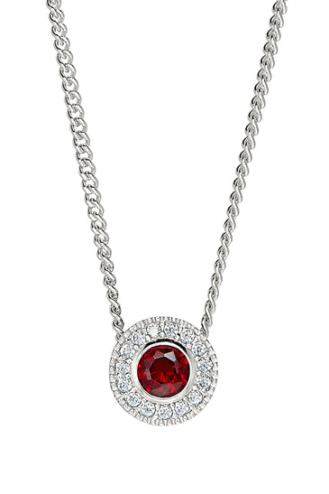 Sterling silver garnet halo pendant with red round center and prong-set crystals