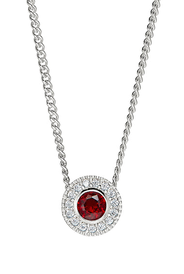 Sterling silver garnet halo pendant with red round center and prong-set crystals