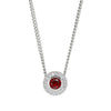 Sterling silver garnet halo pendant with red round center and prong-set crystals