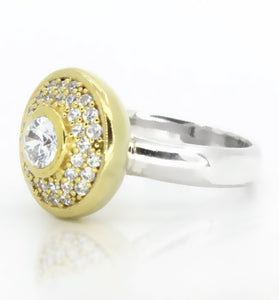 Sterling Silver Yellow Gold Plated CZ Halo Button Ring
