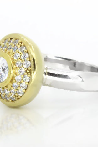 Sterling Silver Yellow Gold Plated CZ Halo Button Ring