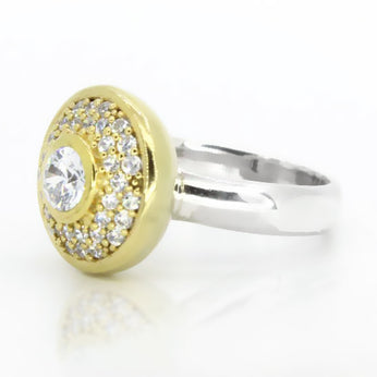 Sterling Silver Yellow Gold Plated CZ Halo Button Ring