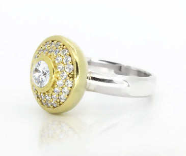 Sterling Silver Yellow Gold Plated CZ Halo Button Ring