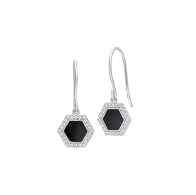 Hexagon enamel drop earrings in sterling silver with black center and rhinestone border