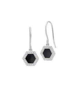 Hexagon enamel drop earrings in sterling silver with black center and rhinestone border