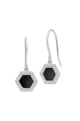 Hexagon enamel drop earrings in sterling silver with black center and rhinestone border