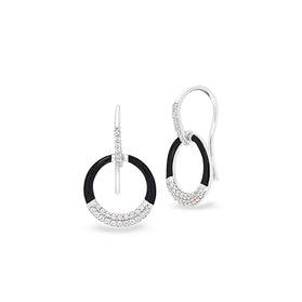 Sterling silver hoop earrings with black enamel and CZ pavé, hinged hoops