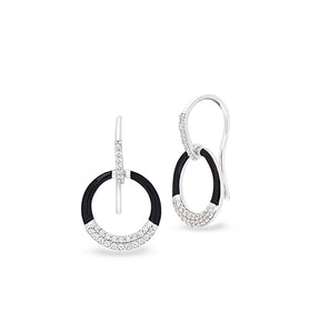 Sterling silver hoop earrings with black enamel and CZ pavé, hinged hoops