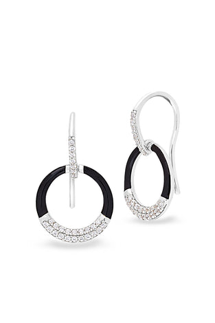 Sterling silver hoop earrings with black enamel and CZ pavé, hinged hoops
