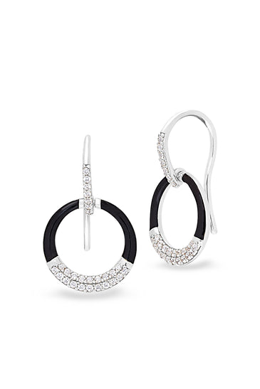 Sterling silver hoop earrings with black enamel and CZ pavé, hinged hoops