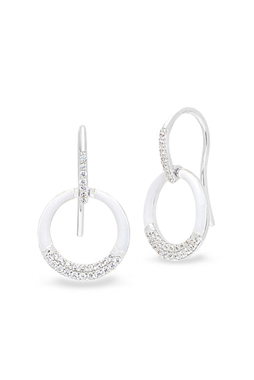 Sterling silver hoop earrings with white enamel and pavé stones