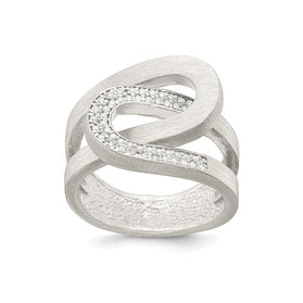 Sterling silver matte CZ ring with double curved band and clear stone pavé