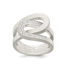 Sterling silver matte CZ ring with double curved band and clear stone pavé