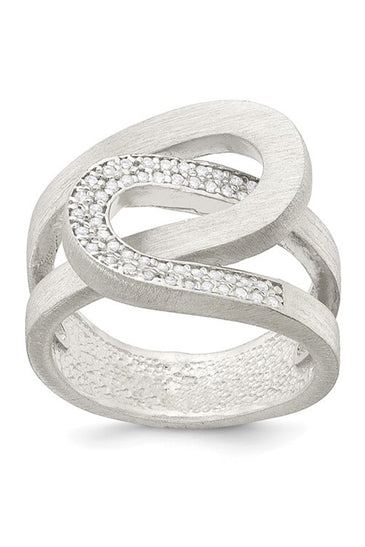Sterling silver matte CZ ring with double curved band and clear stone pavé