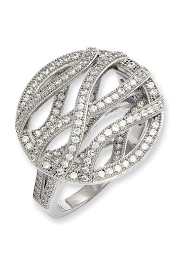 Sterling silver CZ lattice ring with oval openwork and sparkling round stones
