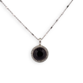 Sterling silver pendant with round black onyx cabochon and halo