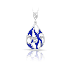 Sterling silver teardrop pendant with blue enamel scrollwork and round top bale