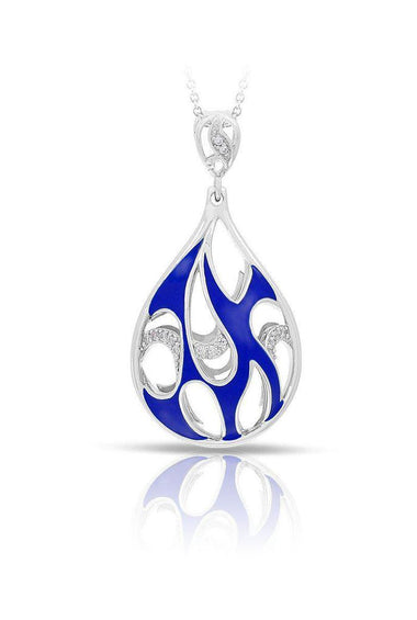 Sterling silver teardrop pendant with blue enamel scrollwork and round top bale