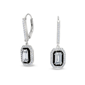 Sterling silver earrings with black enamel and rectangular clear gemstones in drop setting