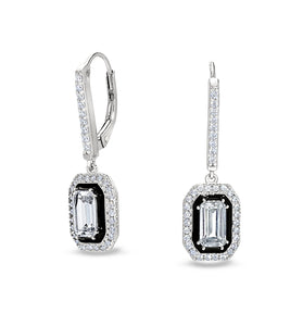 Sterling silver earrings with black enamel and rectangular clear gemstones in drop setting